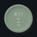 Assiettes En Carton Sage Green Monogrammes Simple Minimal Moderne Mari<br><div class="desc">Conçu avec des modèles texte pour les initiales monogrammées,  nom et date que vous pouvez customiser!</div>