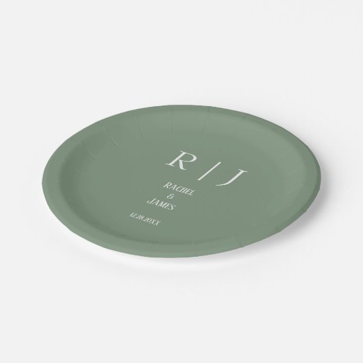 Assiettes En Carton Sage Green Monogrammes Simple Minimal Moderne Mari (Angle)