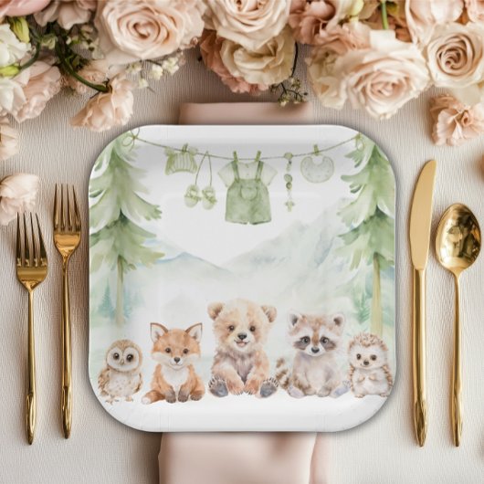 Assiettes En Carton Sage Green Woodland Adventure Awaits Baby Shower