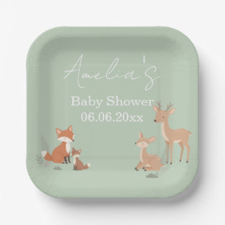 Assiettes En Carton Sage Green Woodland Animal Baby Shower 