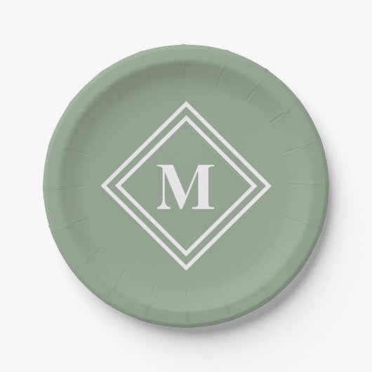 Assiettes En Carton Sage Moderne Vert Monogramme (Devant)