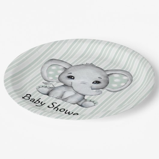 Assiettes En Carton Sage Vert Aquarelle Eléphant Baby shower neutre (Angle)