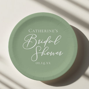 Assiettes En Carton Sage Vert Baby Shower Personnalisé Écriture Blanch