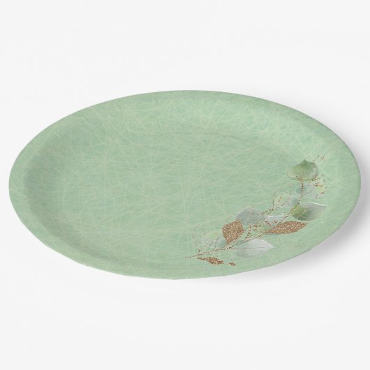 Assiettes En Carton Sage vert et Parties scintillant feuille botanique (Angle)
