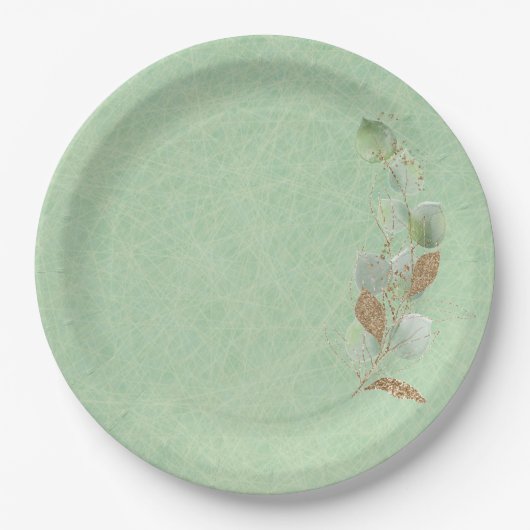 Assiettes En Carton Sage vert et Parties scintillant feuille botanique (Devant)