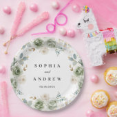 Assiettes En Carton Sage Vert & Fleurs blanches Plaques de papier Mari (Fête)