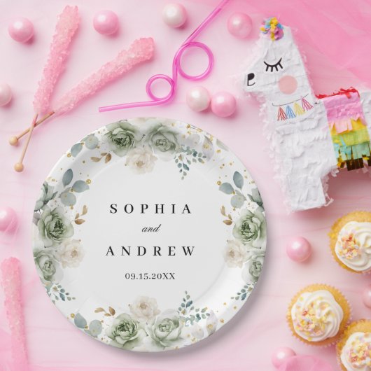 Assiettes En Carton Sage Vert & Fleurs blanches Plaques de papier Mari (Fête)