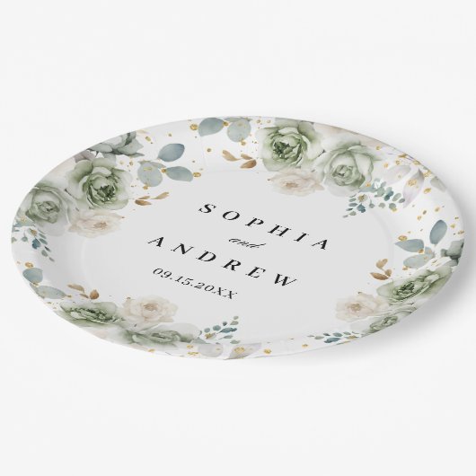 Assiettes En Carton Sage Vert & Fleurs blanches Plaques de papier Mari (Angle)