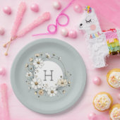 Assiettes En Carton Sage Vert Monogramme Fleurs Boho Personnalisées (Fête)