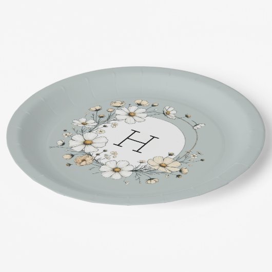 Assiettes En Carton Sage Vert Monogramme Fleurs Boho Personnalisées (Angle)