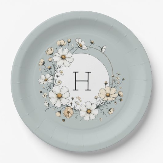 Assiettes En Carton Sage Vert Monogramme Fleurs Boho Personnalisées (Devant)