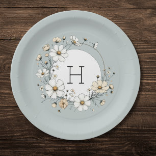 Assiettes En Carton Sage Vert Monogramme Fleurs Boho Personnalisées