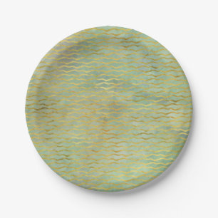 Assiettes En Carton Sage Vert & Or Aquarelle Wave Stripes