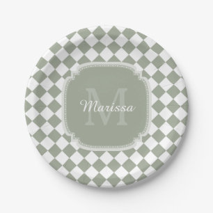 Assiettes En Carton Sage vert tendance Vérifié Nom Monogrammé