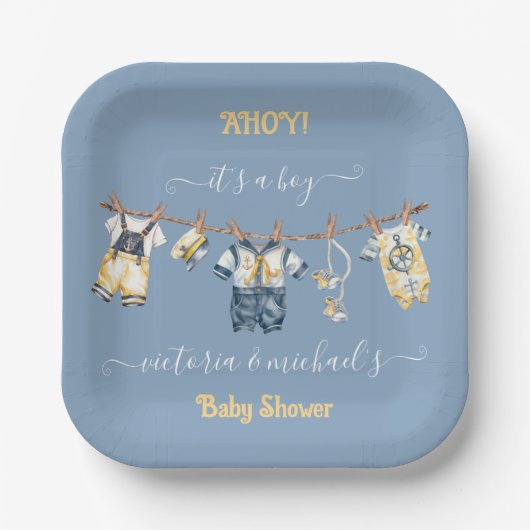 Assiettes En Carton Sailor Nautical Ahoy Boy Baby shower Clothesline (Recto)