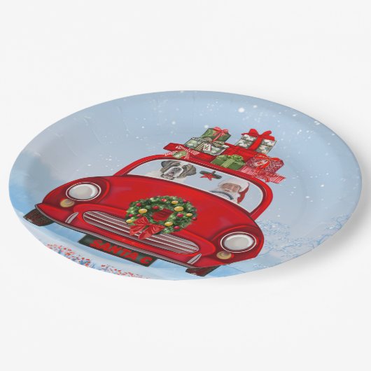 Assiettes En Carton Saint Bernard Chien En Voiture Avec Le Père Noël (Angle)