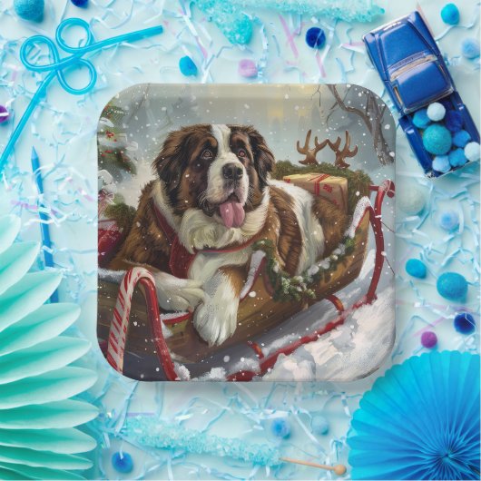 Assiettes En Carton Saint Bernard Chien Festif de Noël (Fête)