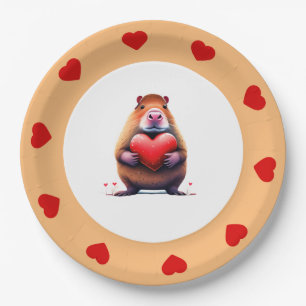 Assiettes En Carton Saint Valentin Capybara, plaque papier rond de 7 p