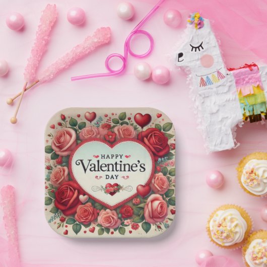 Assiettes En Carton Saint Valentin Design avec Roses et Coeurs (Fête)
