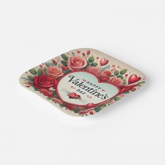 Assiettes En Carton Saint Valentin Design avec Roses et Coeurs (Angulaire)