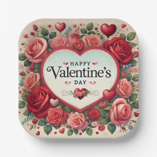 Assiettes En Carton Saint Valentin Design avec Roses et Coeurs (Recto)