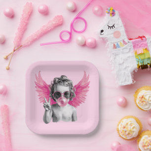 Assiettes En Carton Saint-Valentin soufflant une bulle Cupidon Saint-V