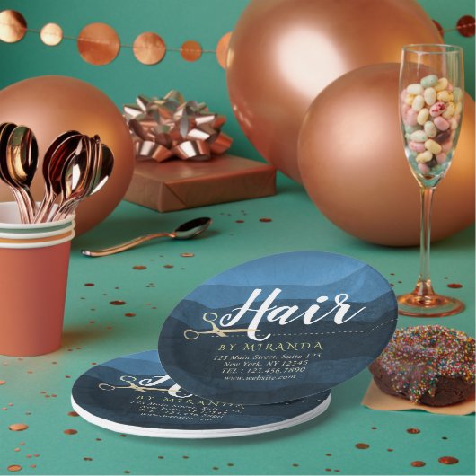 Assiettes En Carton Salon des cheveux Coiffeuse Ciseaux bleu et or mod (Multi)