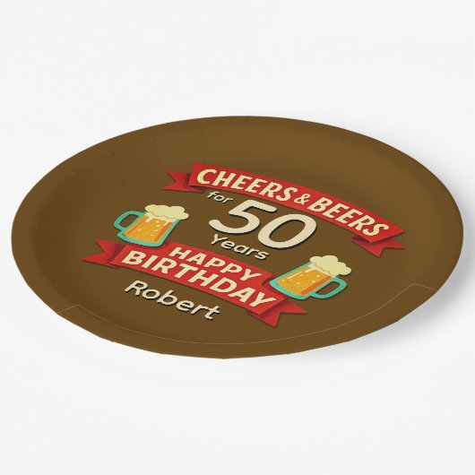 Assiettes En Carton Salutations et bières pour 50 ans heureux Annivers (Angle)