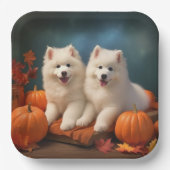 Assiettes En Carton Samoyed Chiot Automne Citrouille de plaisir (Recto)