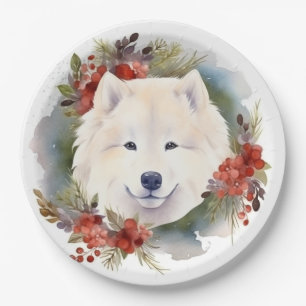 Assiettes En Carton Samoyed Christmas Wreath Festive Pup