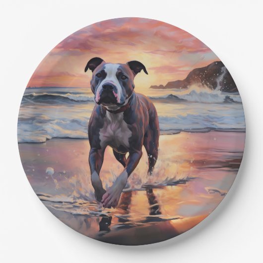 Assiettes En Carton Sandy American Staffordshire Dog on Beach Sunset (Devant)
