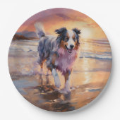 Assiettes En Carton Sandy Australian Shepherd Dog on Beach Sunset (Devant)