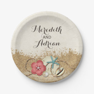 Assiettes En Carton Sandy Beach Hibiscus & Coques Mariage Personnalisé