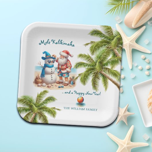 Assiettes En Carton Santa and Snowman Mele Kalikimaka Christmas