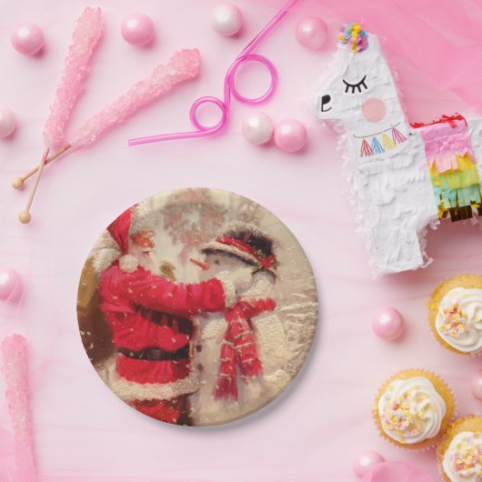 Assiettes En Carton Santa claus and snowman in snowfall (Fête)