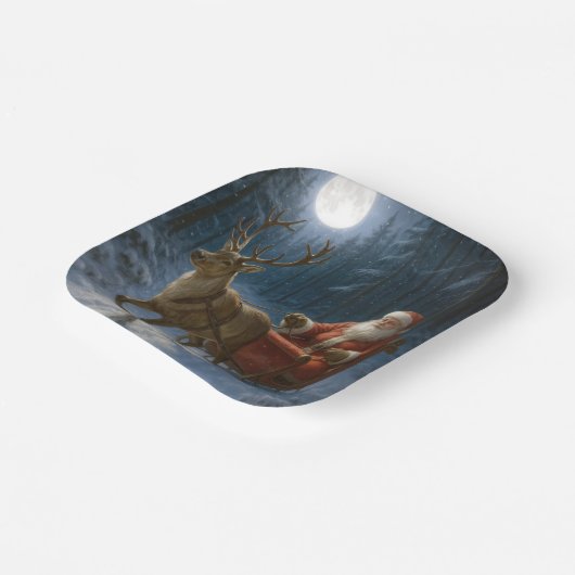 Assiettes En Carton Santa Claus Driving a Sleigh In Moonlight (Angulaire)