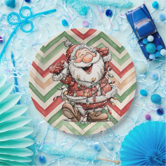 Assiettes En Carton Santa Claus Tangled In Christmas Lights (Fête)