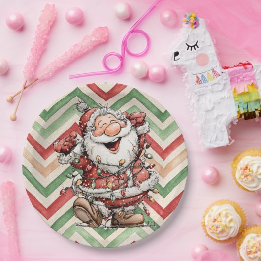 Assiettes En Carton Santa Claus Tangled In Christmas Lights (Fête)