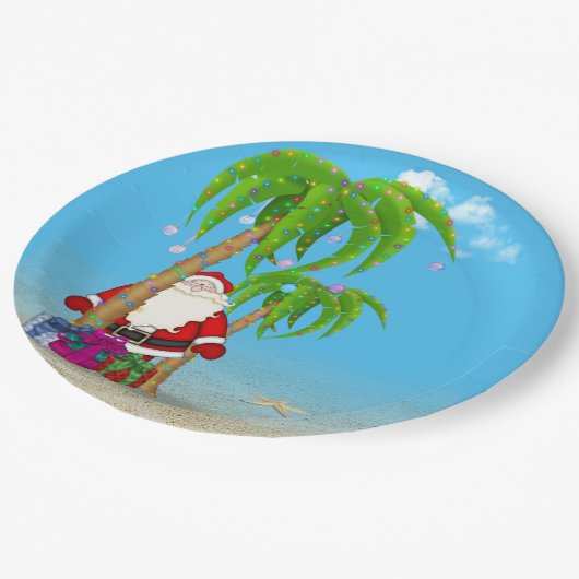 Assiettes En Carton Santa Claus Tropical de Noël avec palmiers (Angle)