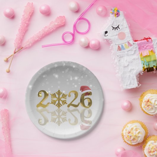 Assiettes En Carton Santa Hat and Snowflake | Happy New Year 2026 Gold (Fête)