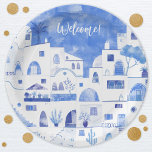 Assiettes En Carton Santorin Grèce Aquarelle Texte personnalisé<br><div class="desc">Une aquarelle moderne bleu et blanc représentant l'île grecque de Santorin. Art original de Nic Squirrell. Modifiez ou supprimez le texte à customiser.</div>