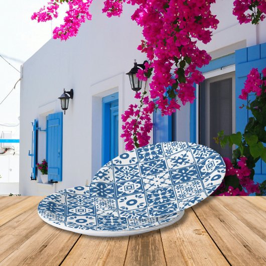 Assiettes En Carton Santorini Carreaux Bleus thème grec/ espagnol