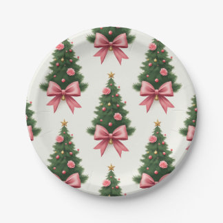 Assiettes En Carton Sapin de Noël avec Ruban Rose