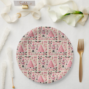 Assiettes En Carton Sapin de Noël Casse-Noisette Rose 