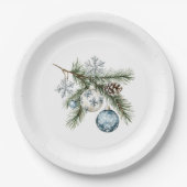 Assiettes En Carton Sapin de Noël Flocons d'Argent Ornements Bleus (Devant)