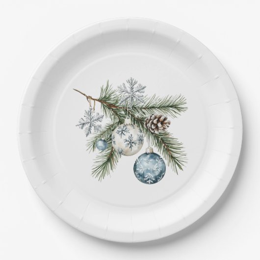 Assiettes En Carton Sapin de Noël Flocons d'Argent Ornements Bleus (Devant)