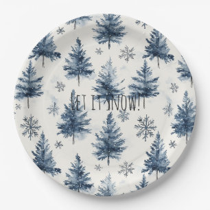 Assiettes En Carton Sapins de Noël Flocons de Neige Bleus Blancs