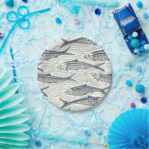 Assiettes En Carton Sardines en mouvement en bleu marine et ivoire