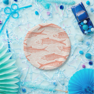 Assiettes En Carton Sardines en mouvement en corail et blanc cassé