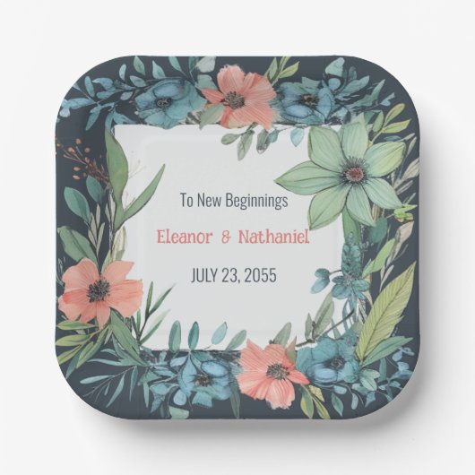 Assiettes En Carton Saumon floral Whimsical Mariage bleu vert (Recto)